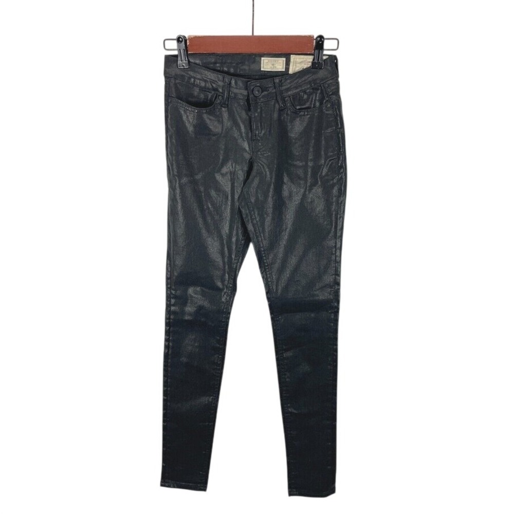 AllSaints Ashby Coated Waxed Skinny Jeans Womens 25 Black Moto Grunge Casual
